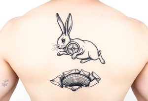 Rabbit with compass jumping down the rabbit hole tattoo idea