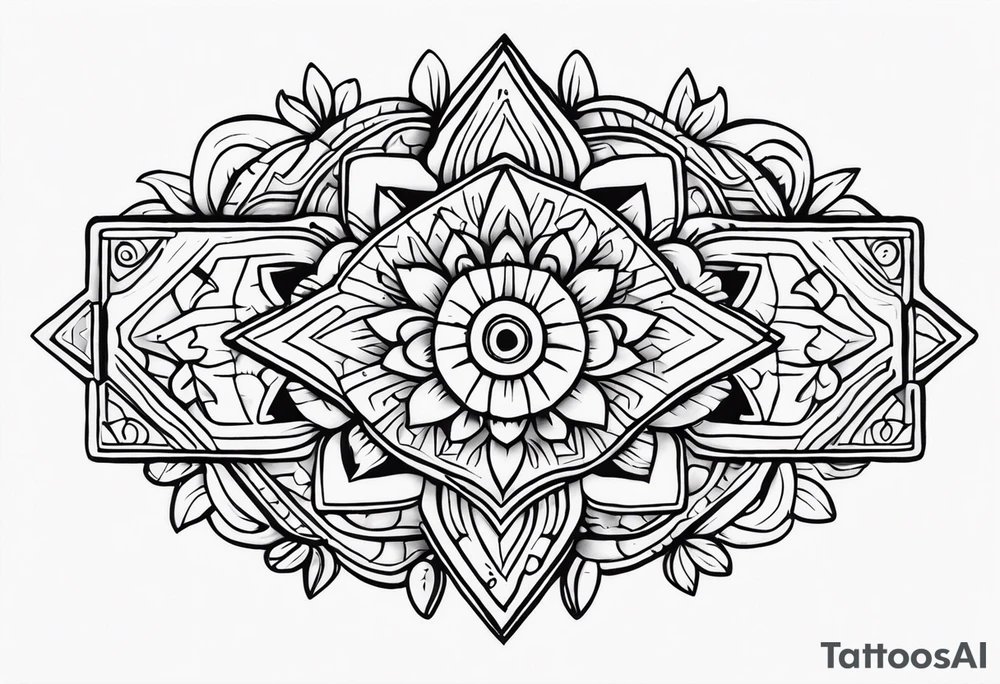 Create a masculine aztec tattoo design carved in stone featuring three flower buds of Gypsophila spp. tattoo idea