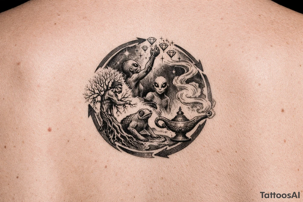 A man turning into a tree then sprouting into a from then evolving into a alien then reaching for the stares and grabbing diamonds out of the sky then getting sucked into a gene lamp cycle circle tattoo idea
