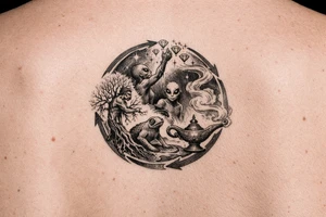 A man turning into a tree then sprouting into a from then evolving into a alien then reaching for the stares and grabbing diamonds out of the sky then getting sucked into a gene lamp cycle circle tattoo idea