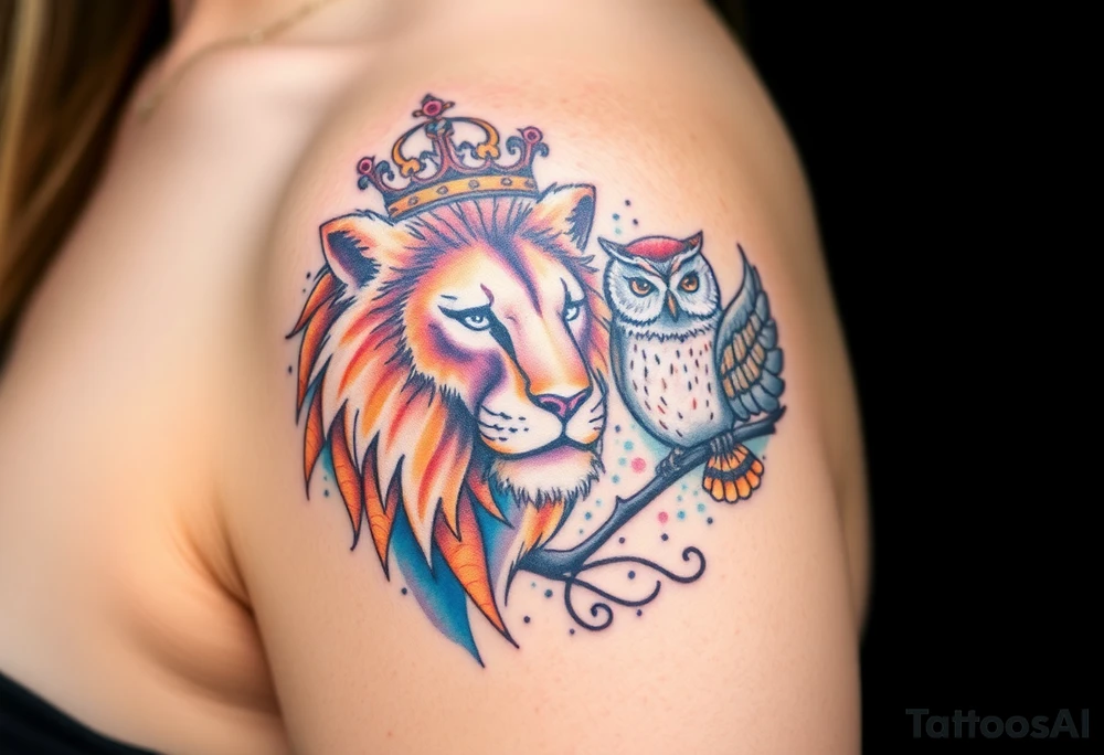 powerful majestic female Leo lion wearing a tiara and male owl nearby  surrounded by infinity of love tattoo idea