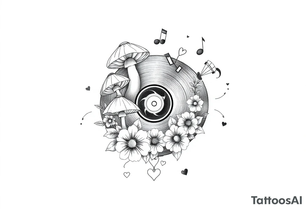 vinyl record with mushrooms, flowers, hearts, and music notes tattoo idea