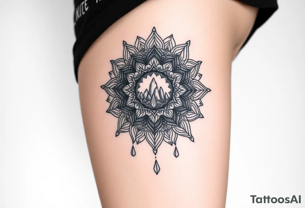 psychedelic mandala tattoo with crystals and nature scene tattoo idea