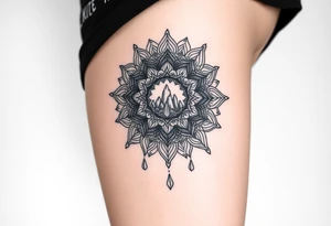 psychedelic mandala tattoo with crystals and nature scene tattoo idea