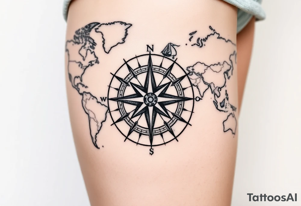 antique compass rose overlaid on weathered world map with sailing ships tattoo idea