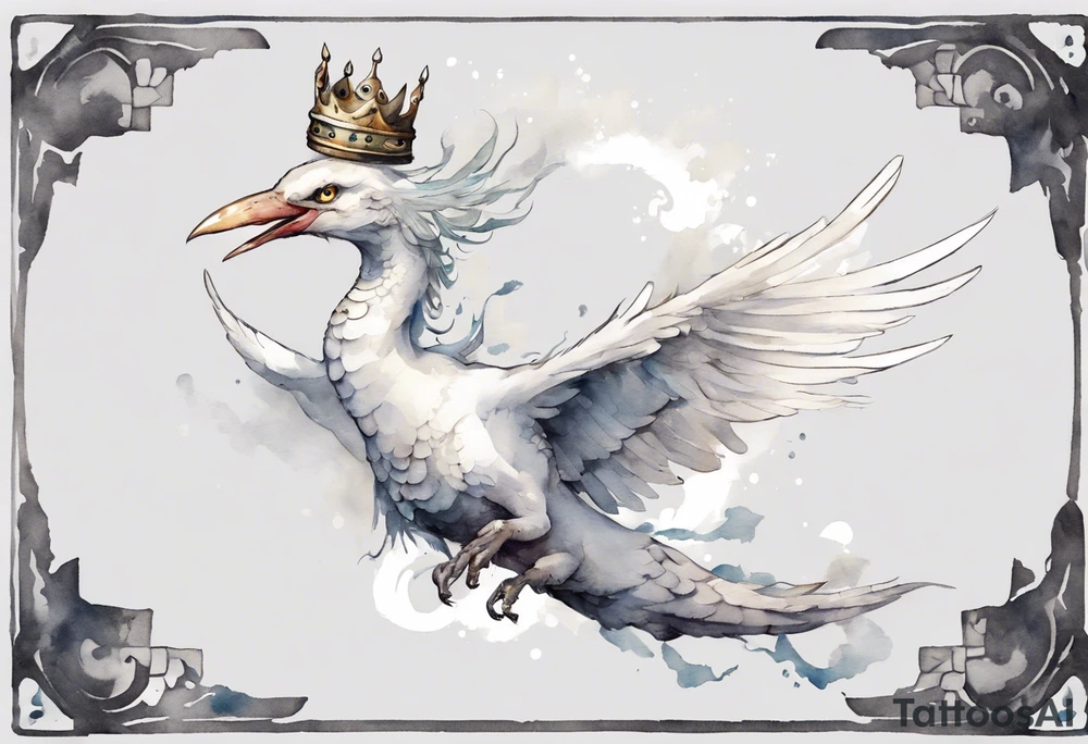 a white bird-serpent hybrid, wearing a pewter crown on its head, flying in the air tattoo idea