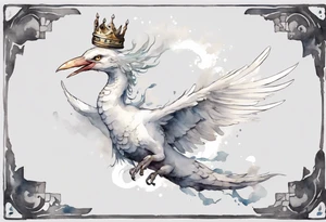 a white bird-serpent hybrid, wearing a pewter crown on its head, flying in the air tattoo idea