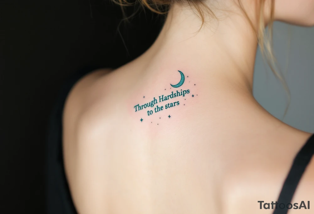 Flowing in teal ink across the spine, “Through Hardships to the stars” is crowned with a crescent moon. tattoo idea