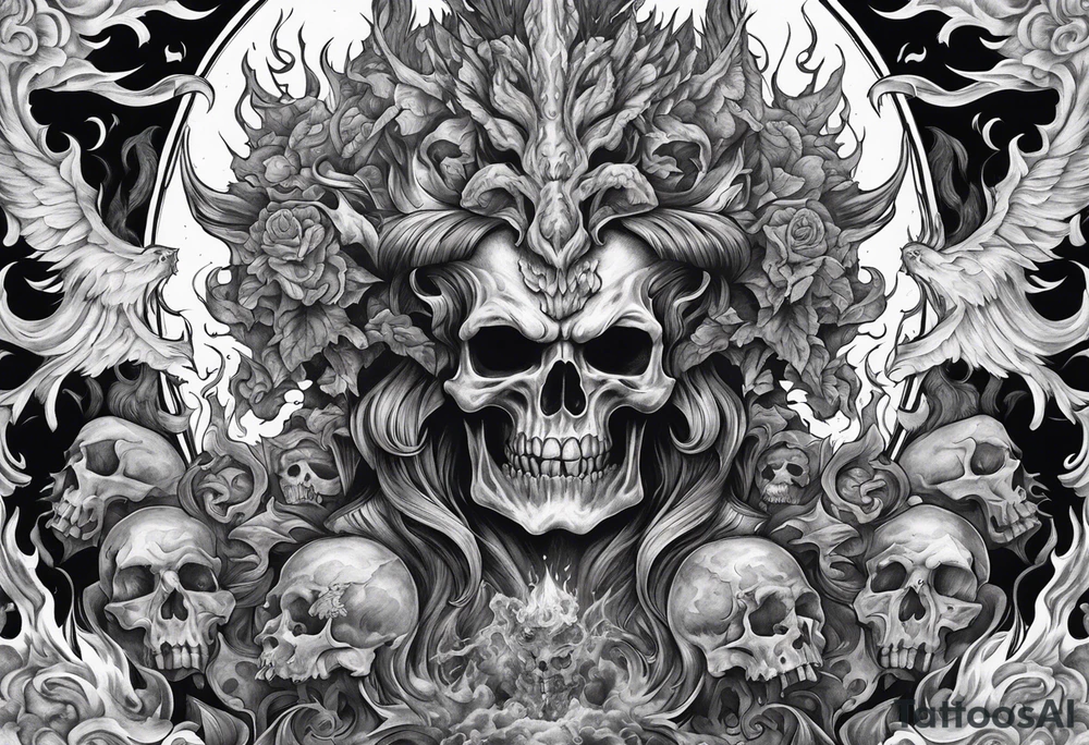 Hades in hell surrounded by skulls and fire tattoo idea