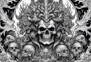 Hades in hell surrounded by skulls and fire tattoo idea