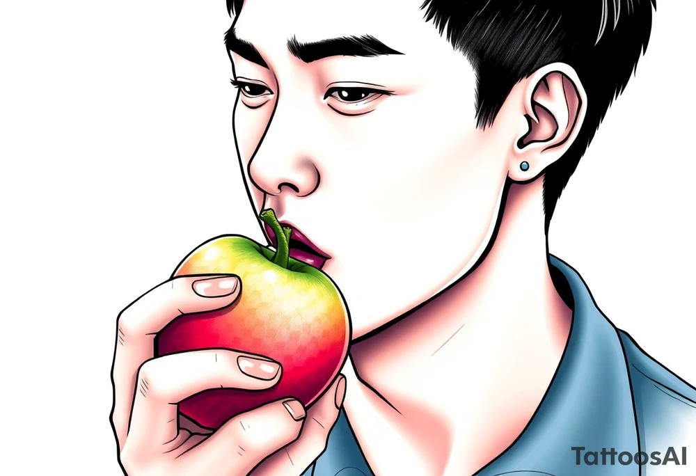 Handsome Asian young guy tasting an apple tattoo idea