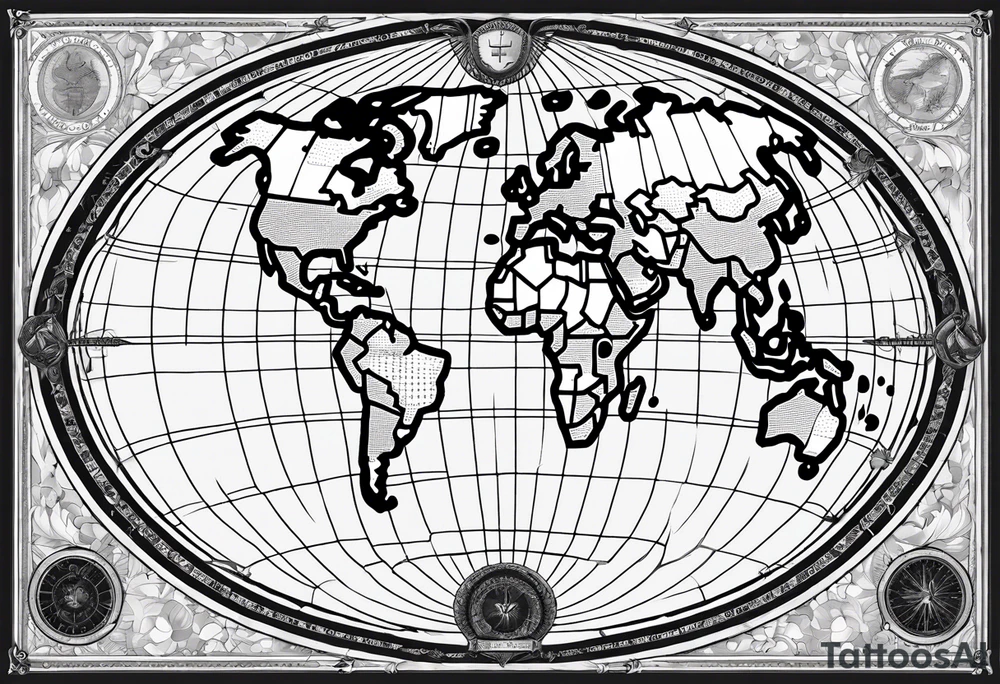 the earth on a flat map with no shading placed on a grid with only the lines with accurate depictions of the borders in countries while having it in an oval/circular position on a grid without any borders on the sides while having the countries not have such bold borders tattoo idea