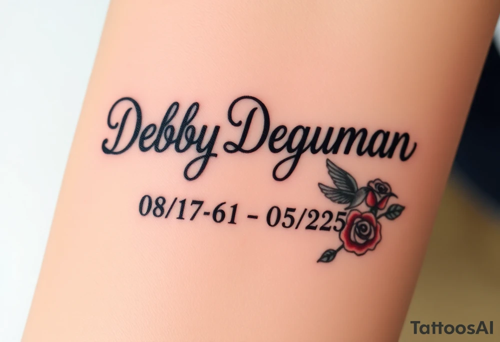 Tattoo of the exact name Debby Deguzman in chunky bold curly cursive with the exact dates of 08/17/61-05/29/25 surrounded by 1 hummingbird and 1 rose tattoo idea