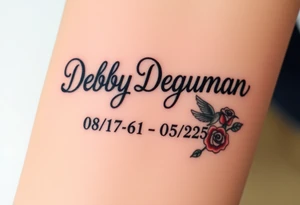 Tattoo of the exact name Debby Deguzman in chunky bold curly cursive with the exact dates of 08/17/61-05/29/25 surrounded by 1 hummingbird and 1 rose tattoo idea