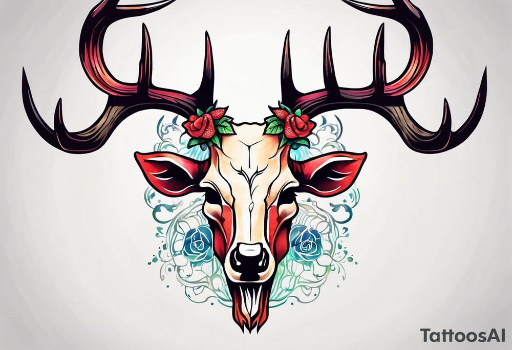 A deer skull. The astrological sign for Aries and Taurus hanging from the antlers. There should be some strawberry imagery in it also. tattoo idea
