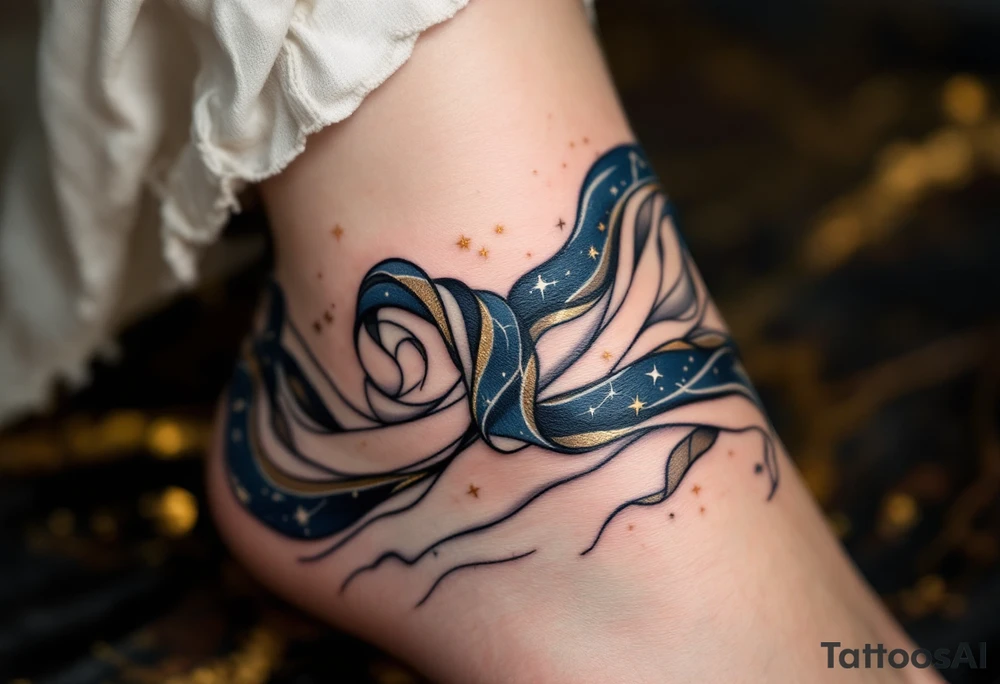 The constellation in champagne gold is integrated into the folds of a flowing robe on a navy-outlined maiden. tattoo idea