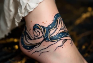 The constellation in champagne gold is integrated into the folds of a flowing robe on a navy-outlined maiden. tattoo idea
