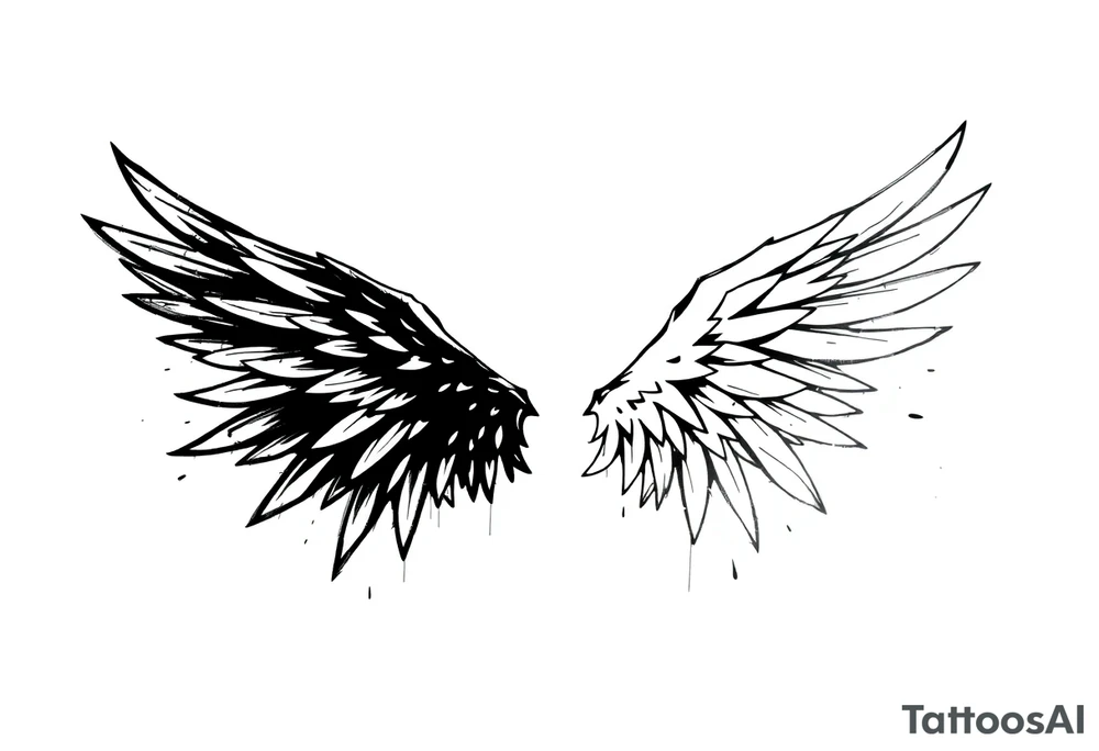 the wings go up

This tattoo design features a pair symmetrical angel wings drawn in black ink with a rough, sketch-like style. The left wing is darker, more defined, and appears denser, while the right wing is lighter, more delicate, and fragmented, creating a contrast between the two. The feathers are sharp and irregular, with fine lines and stray strokes extending outward, adding a raw and artistic feel. The overall look is dynamic and slightly chaotic, giving the impression of movement or an unfinished, ethereal form. This design symbolizes duality, freedom, transformation, or even struggle, making it a meaningful and visually striking tattoo. tattoo idea