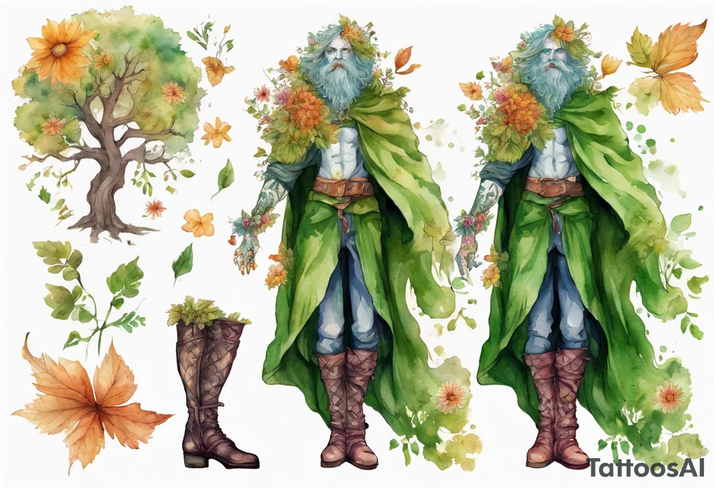 A tall, beautiful tree-man hybrid with flower hair and a cloak made of leaves. Wearing floral medieval boots. Singing. tattoo idea