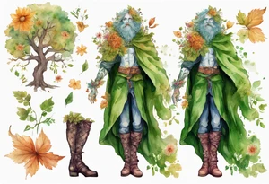 A tall, beautiful tree-man hybrid with flower hair and a cloak made of leaves. Wearing floral medieval boots. Singing. tattoo idea
