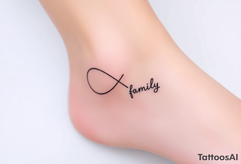 A minimalist infinity symbol composed of thin, intersecting lines, with the word "family" subtly incorporated along the curve in a contemporary font tattoo idea