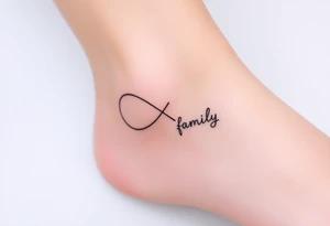 A minimalist infinity symbol composed of thin, intersecting lines, with the word "family" subtly incorporated along the curve in a contemporary font tattoo idea