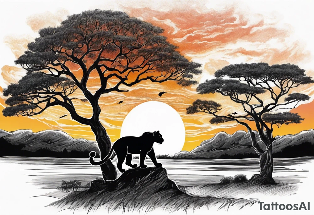 Panthers on a single African tree with the sunsetting behind it with clouds that help tie into a tattoo on the other side of my arm tattoo idea