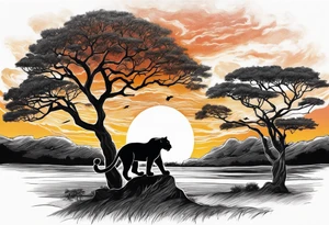 Panthers on a single African tree with the sunsetting behind it with clouds that help tie into a tattoo on the other side of my arm tattoo idea