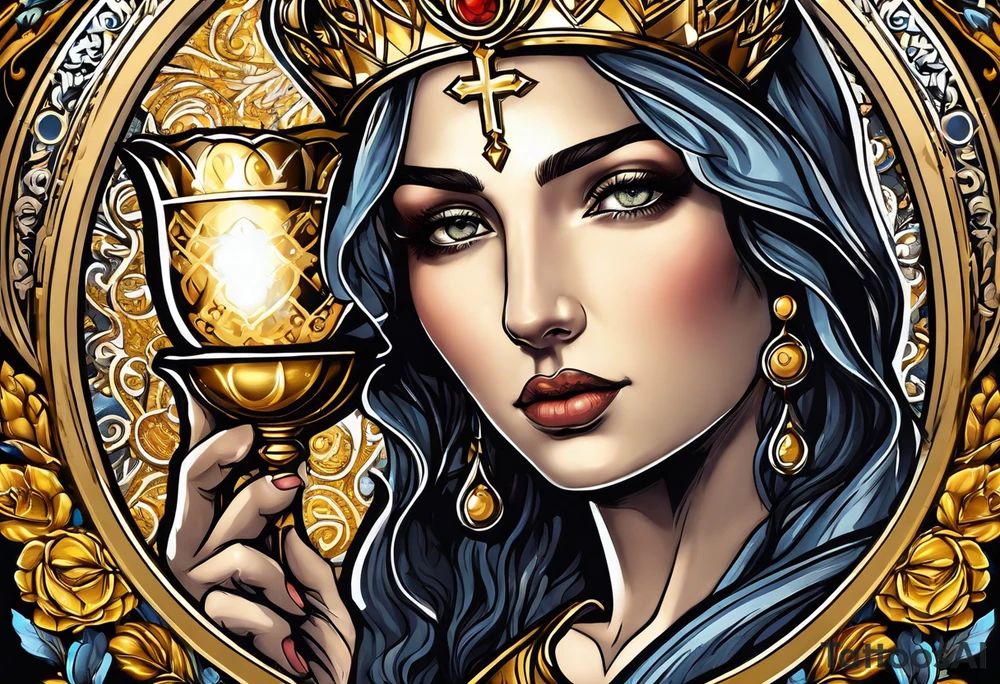 holy saint woman with golden halo holding a chalice tattoo idea