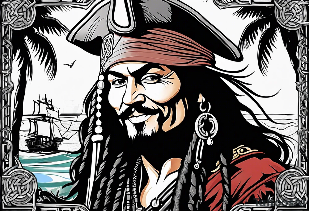 mickey mouse captain jack sparrow with palm trees and celtic symbol for family tattoo idea