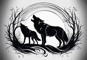 Two wolves, silhouettes, side by side. One wolf consumes swirling darkness, the other takes in beams of light. Emphasize the feeding action. tattoo idea