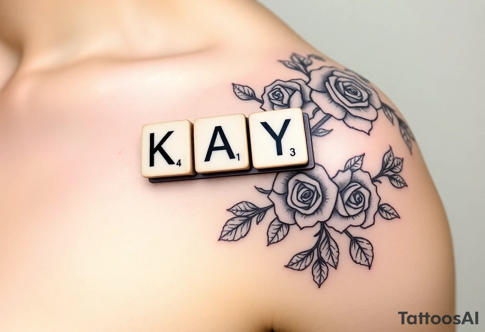 Tattoo on left shoulder
Predominant focal point: Scrabble letters spelling “KAY” resting on scrabble piece holder tray. The numbers in corner of each letter should not be actual scrabble values, instead they should be “1,4,3” or K=1, A=4, Y =3. To represent “I love you” 

This tattoo is to honor my grandmother in hospice

Surrounding the scrabble tile holder and pieces spelling KAY, her name, will be a rose bush tattoo. It should look realistic and fill all space between focal point scrabble tiles & the curves of my left shoulder muscle. I am pretty muscular, so I want the rose bush and stems to scent the definition of my shoulder muscles well. It should highlight my muscles and accentuate them more.

Tattoo in its entirety should cover the whole shoulder. And rose bush should show lots of vines/stems tattoo idea