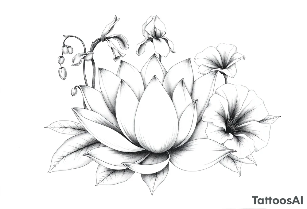 Lotus surrounded by Lilly of the valley on left side iris above and morning glory flowers to the right. tattoo idea