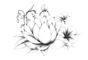Lotus surrounded by Lilly of the valley on left side iris above and morning glory flowers to the right. tattoo idea