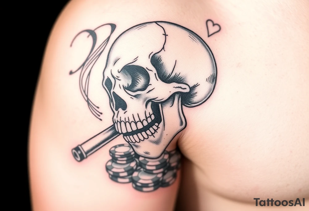 skull with smoking cigar in mouth,playing cards,pokerchips,a lot of money. tattoo idea