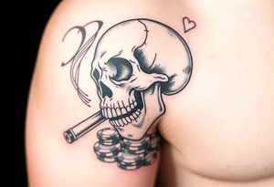 skull with smoking cigar in mouth,playing cards,pokerchips,a lot of money. tattoo idea