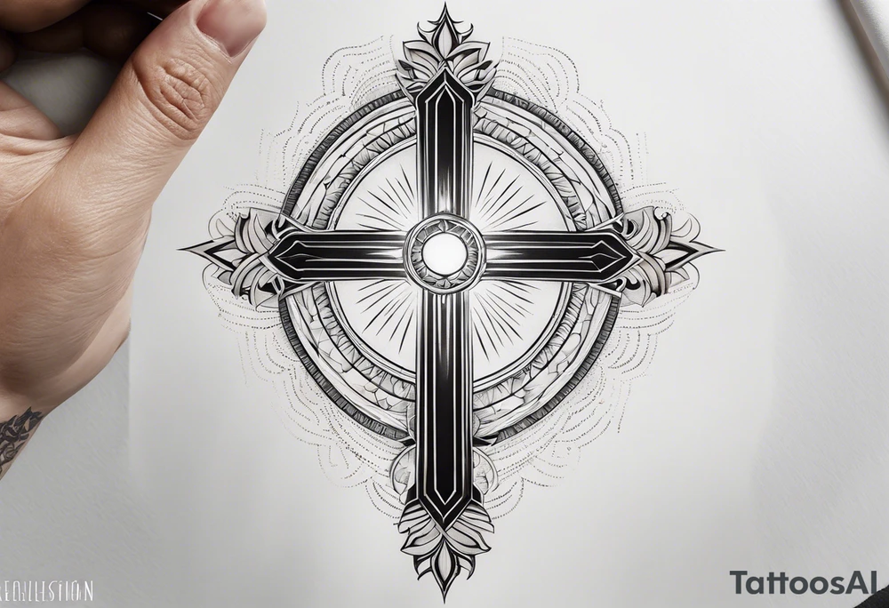 Surrealistic Tattoo: A refined cross with a soft halo on top of it, symbolizing light and spirituality. Delicate rays extend outward from the halo, adding a subtle glow and depth. The cross itself is simple and elegant, with potential for small, intricate line details within the design. Style: Surrealism tattoo idea