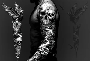 holy jack skellington with wings, fishing, river, roses, palm trees, sun, birds tattoo idea