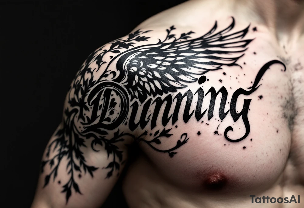 Dunning, details include angel wing, greek type of font,jungle leaves , tiger claw scratch tattoo idea