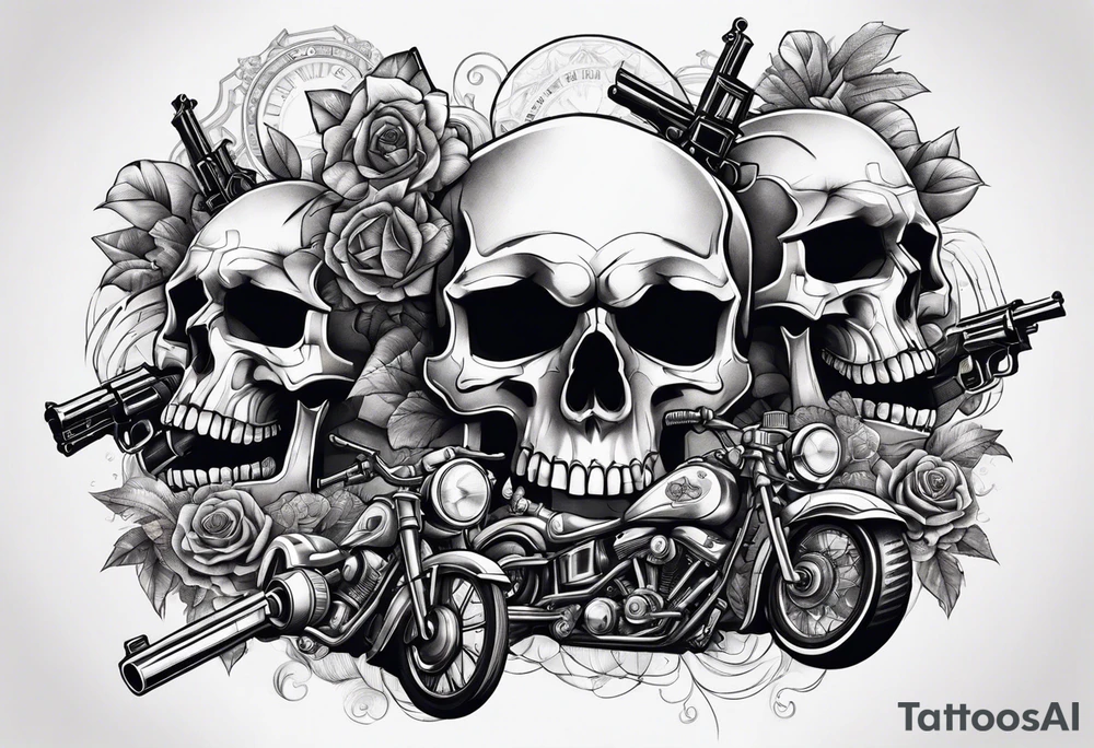 skulls with motorcyles along with guns and money tattoo idea