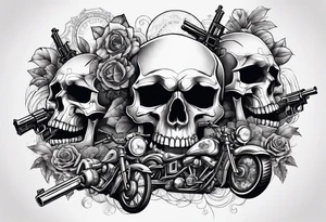 skulls with motorcyles along with guns and money tattoo idea