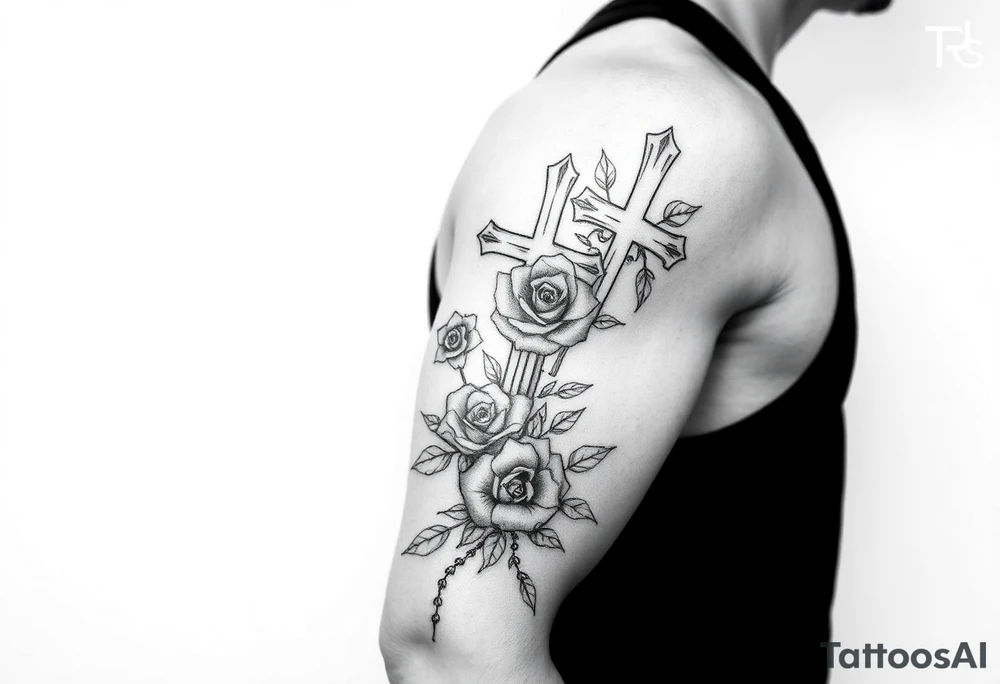 crosses with roses sleeve tattoo idea