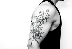 crosses with roses sleeve tattoo idea