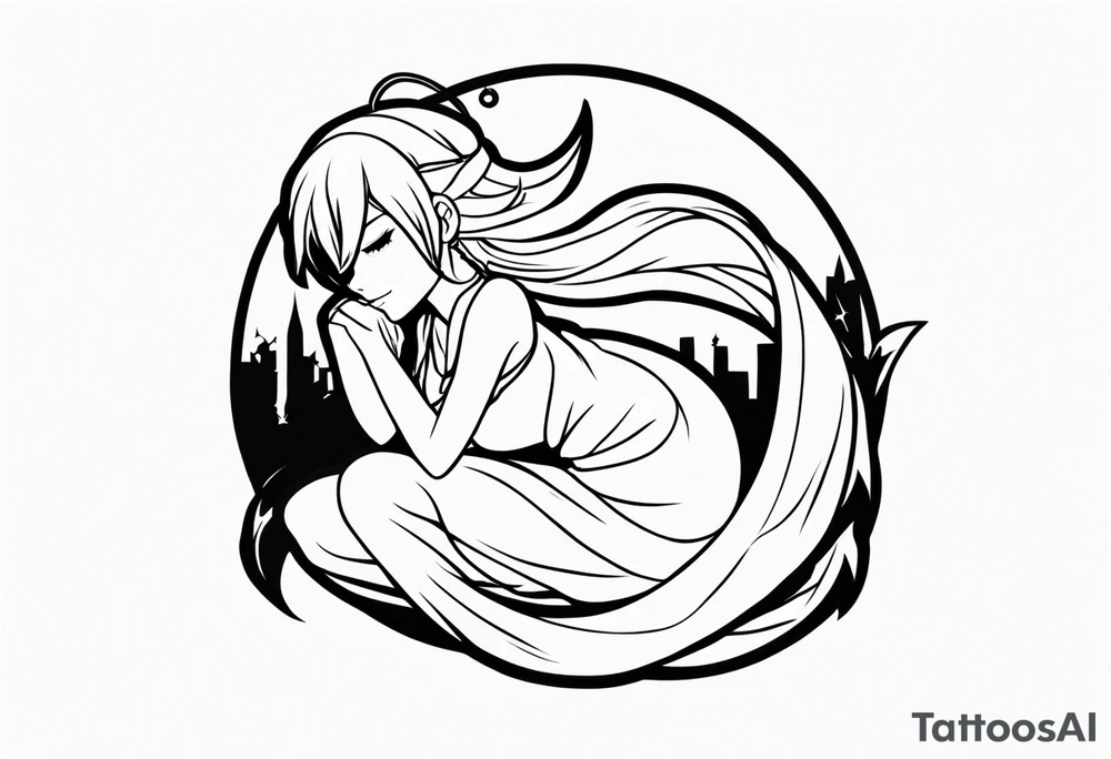 No color fairy with a tail inspired by the logo of the anime show called Fairy Tail in a fetal position leaning in and forward while sleeping tattoo idea