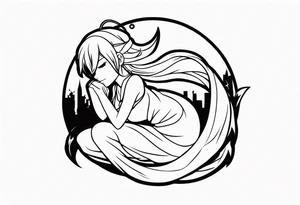 No color fairy with a tail inspired by the logo of the anime show called Fairy Tail in a fetal position leaning in and forward while sleeping tattoo idea