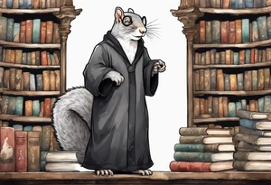 an elderly grey squirrel with a white beard and mustache wearing spectacles and a black robe standing in an ancient library tattoo idea