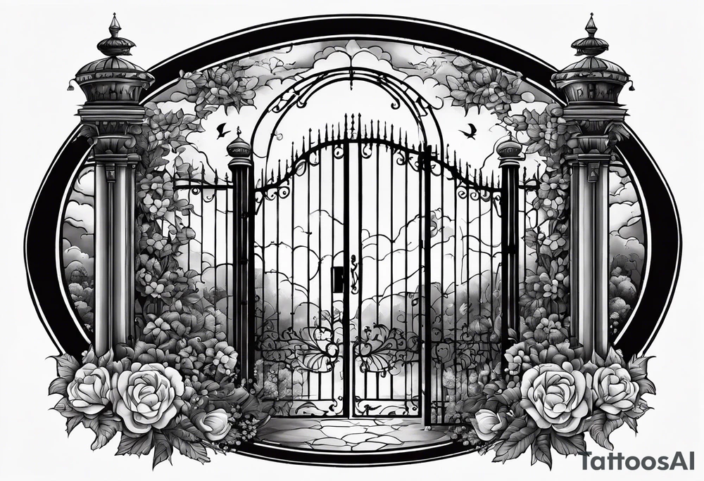 night medieval town garden gate entrance
in circle vignette surrounded by clouds floral tattoo idea