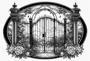 night medieval town garden gate entrance 
 in circle vignette surrounded by clouds floral tattoo idea