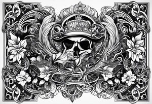 A thigh tattoo of the name Moore and also says from the past we rise to our future somehow tattoo idea