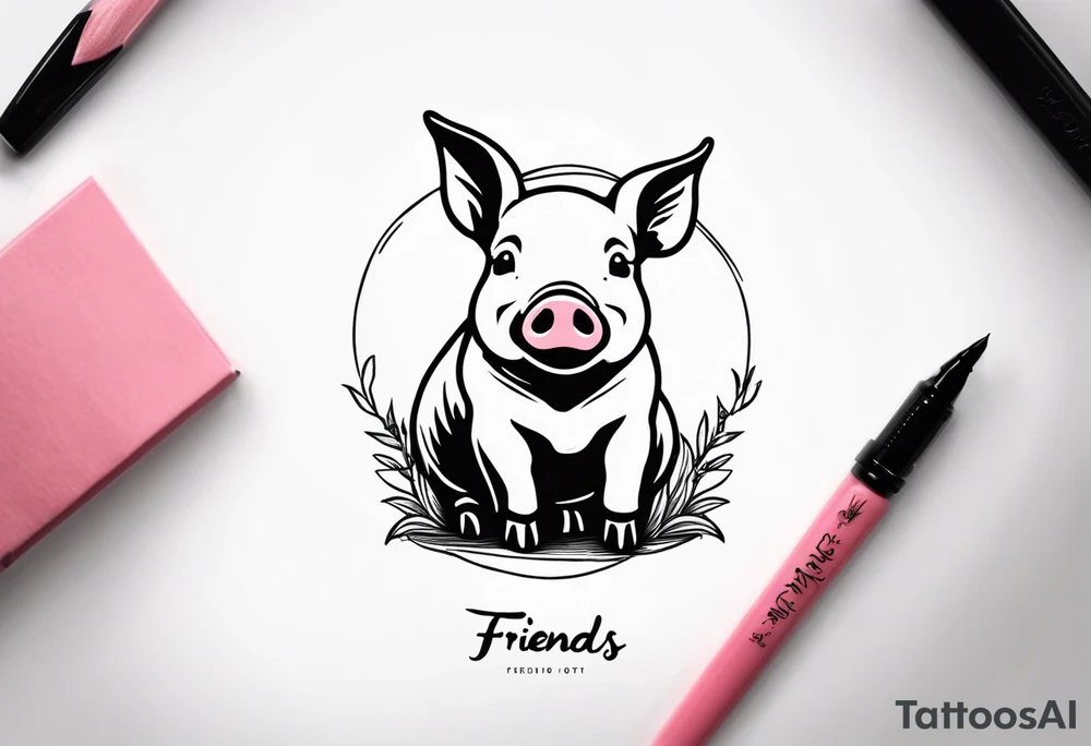 minimalist tattoo of a cute pig or piglet that contains text: "friends. not food" 

only very thin lines. no shading. black and white only tattoo idea